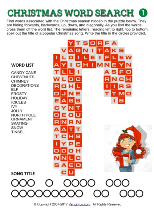 Candy Cane Shaped Christmas Word Search Puzzle