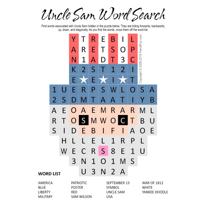 Uncle Sam Word Search Puzzle in the Shape of Uncle Sam
